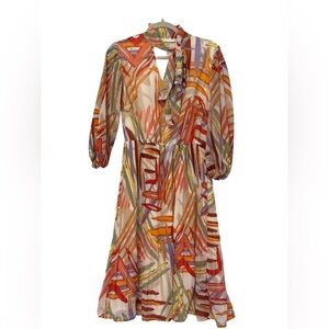 New York & Company Vibrant Patterned Balloon-Sleeve Pleated Dress